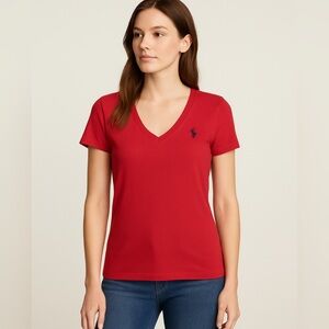 Ralph Lauren Sport Red V-Neck Classic Cotton Tee with Navy Pony Logo large